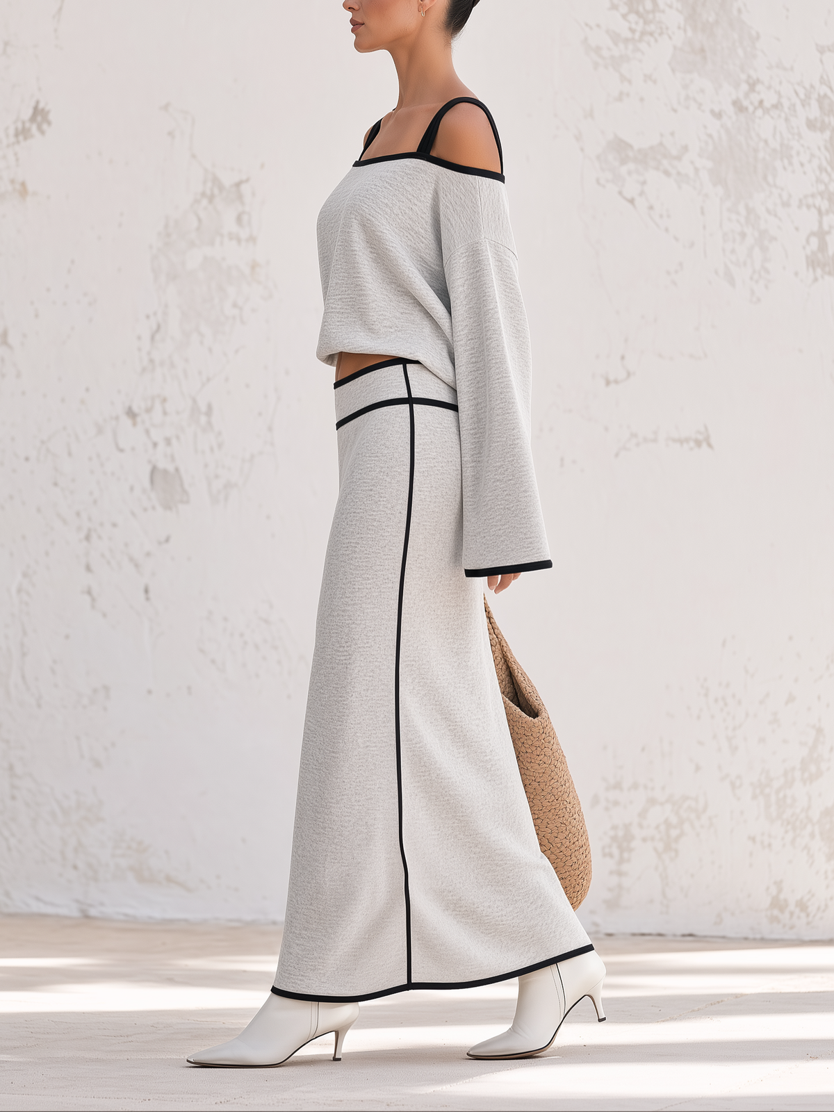 Heather Grey Contrast Black Piping Off-Shoulder Sweatshirt Two-Piece Set – Long Sleeve Crop Top & Midi Skirt Co-ord