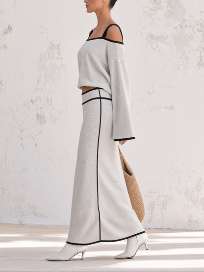 Heather Grey Contrast Black Piping Off-Shoulder Sweatshirt Two-Piece Set – Long Sleeve Crop Top & Midi Skirt Co-ord