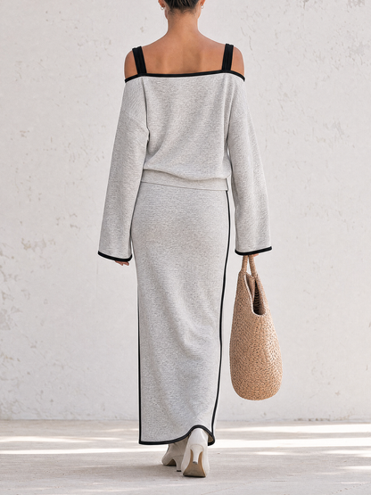 Heather Grey Contrast Black Piping Off-Shoulder Sweatshirt Two-Piece Set – Long Sleeve Crop Top & Midi Skirt Co-ord