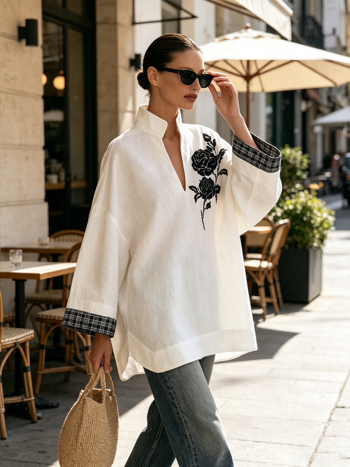 White Stand Collar V-Neck Tunic Top – Black Rose Embroidery Wide Sleeve Blouse With Contrast Plaid Cuffs