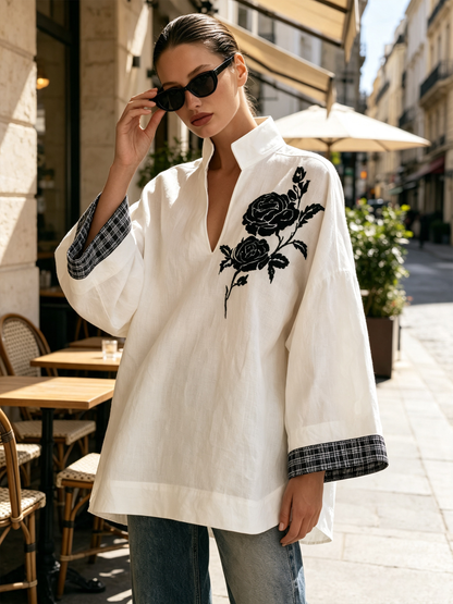 White Stand Collar V-Neck Tunic Top – Black Rose Embroidery Wide Sleeve Blouse With Contrast Plaid Cuffs