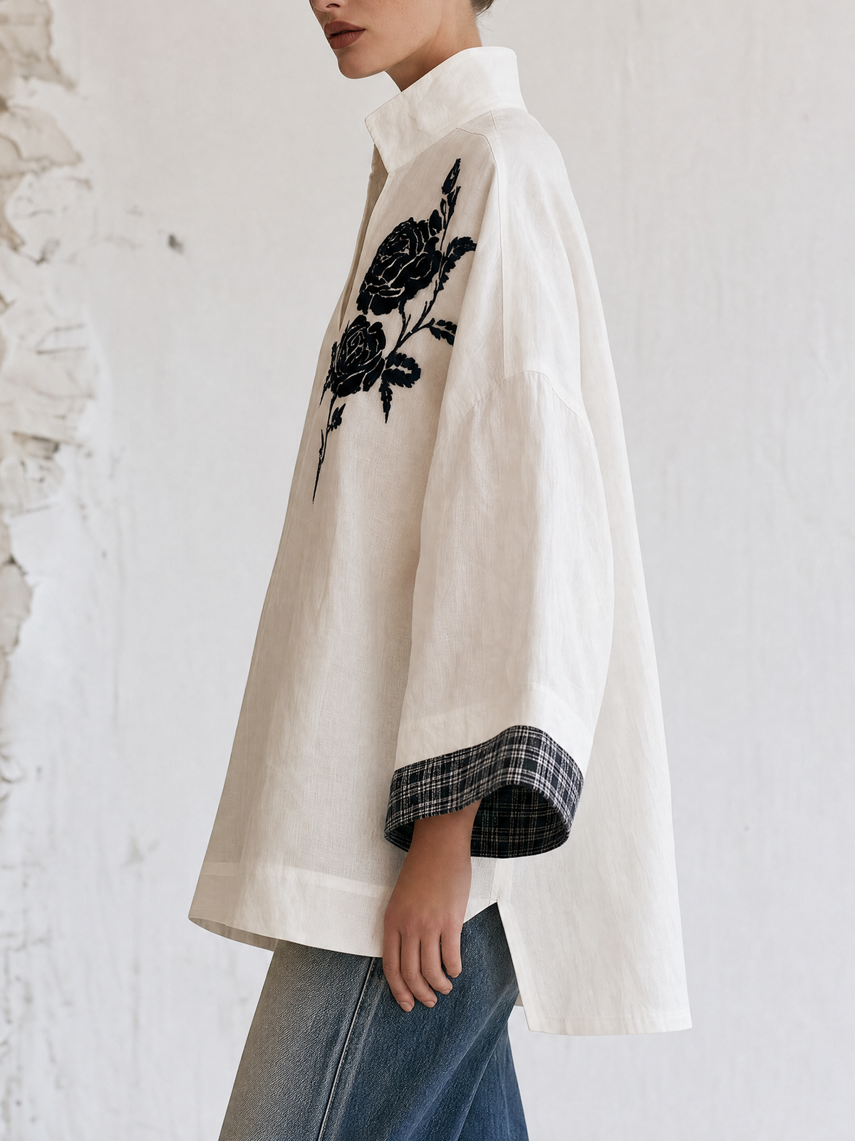 White Stand Collar V-Neck Tunic Top – Black Rose Embroidery Wide Sleeve Blouse With Contrast Plaid Cuffs