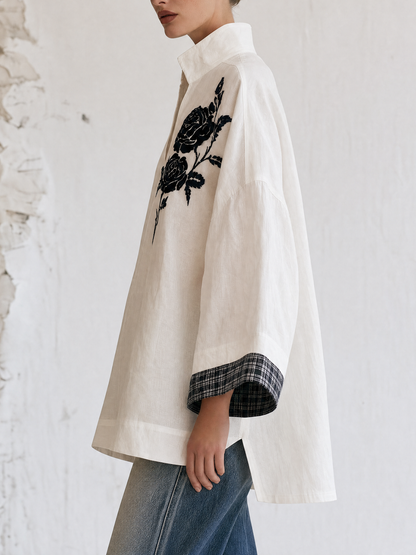 White Stand Collar V-Neck Tunic Top – Black Rose Embroidery Wide Sleeve Blouse With Contrast Plaid Cuffs