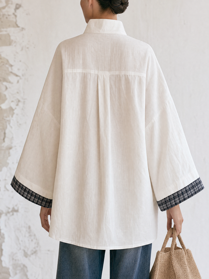 White Stand Collar V-Neck Tunic Top – Black Rose Embroidery Wide Sleeve Blouse With Contrast Plaid Cuffs