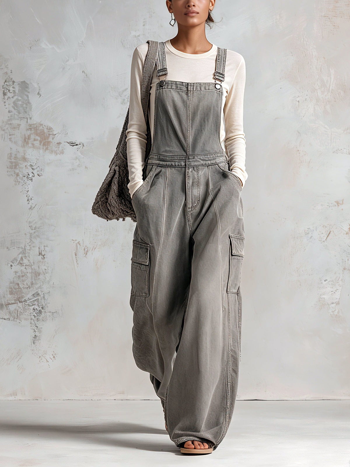 Women's washed gray utility overalls front view