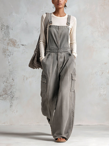 Women's washed gray utility overalls front view