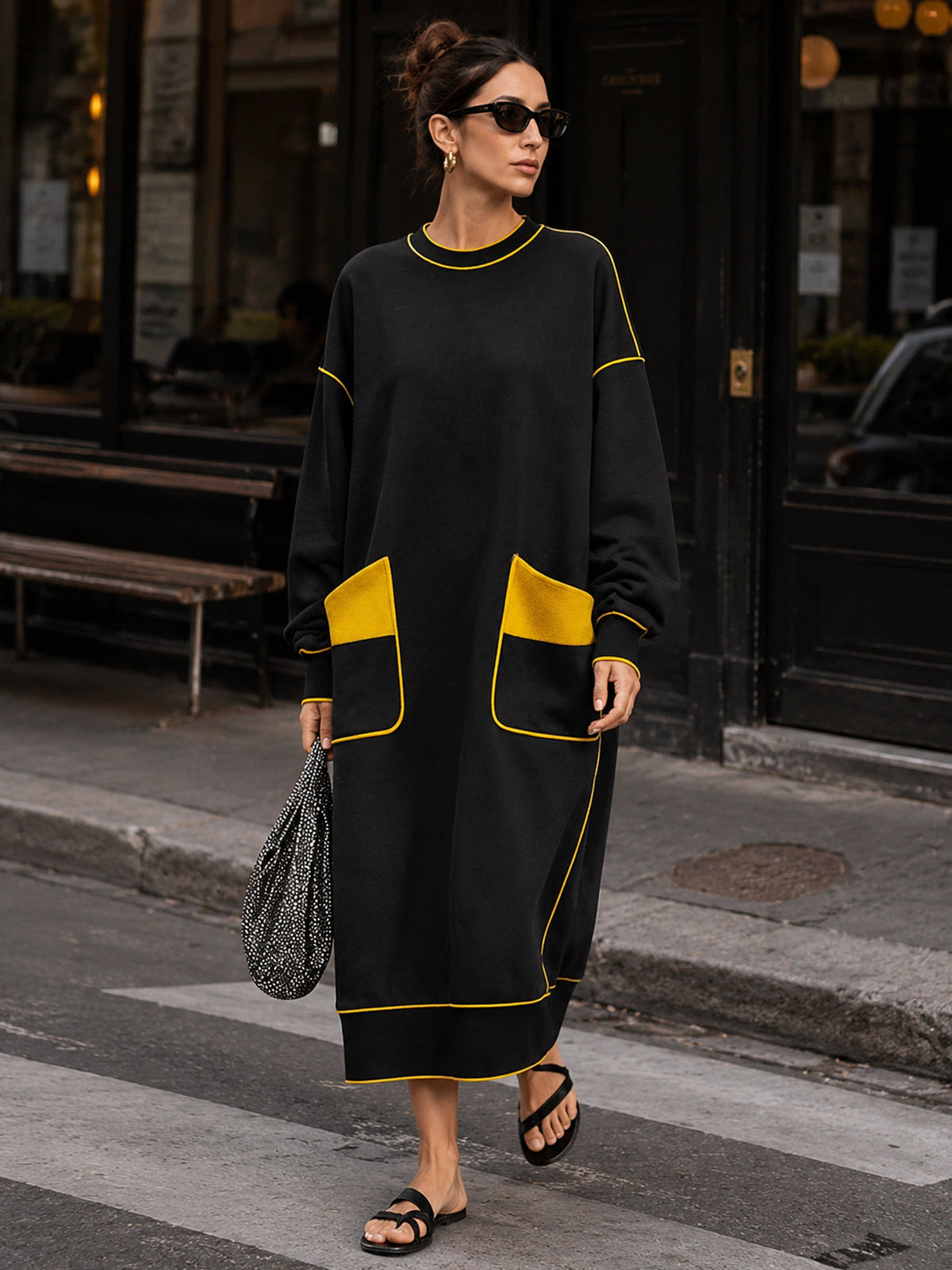 Women's Oversized Black Midi Dress With Contrast Yellow Piping & Statement Pockets