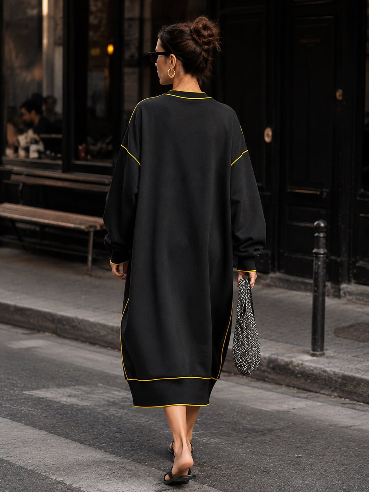 Women's Oversized Black Midi Dress With Contrast Yellow Piping & Statement Pockets