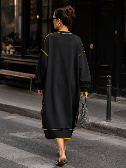 Women's Oversized Black Midi Dress With Contrast Yellow Piping & Statement Pockets