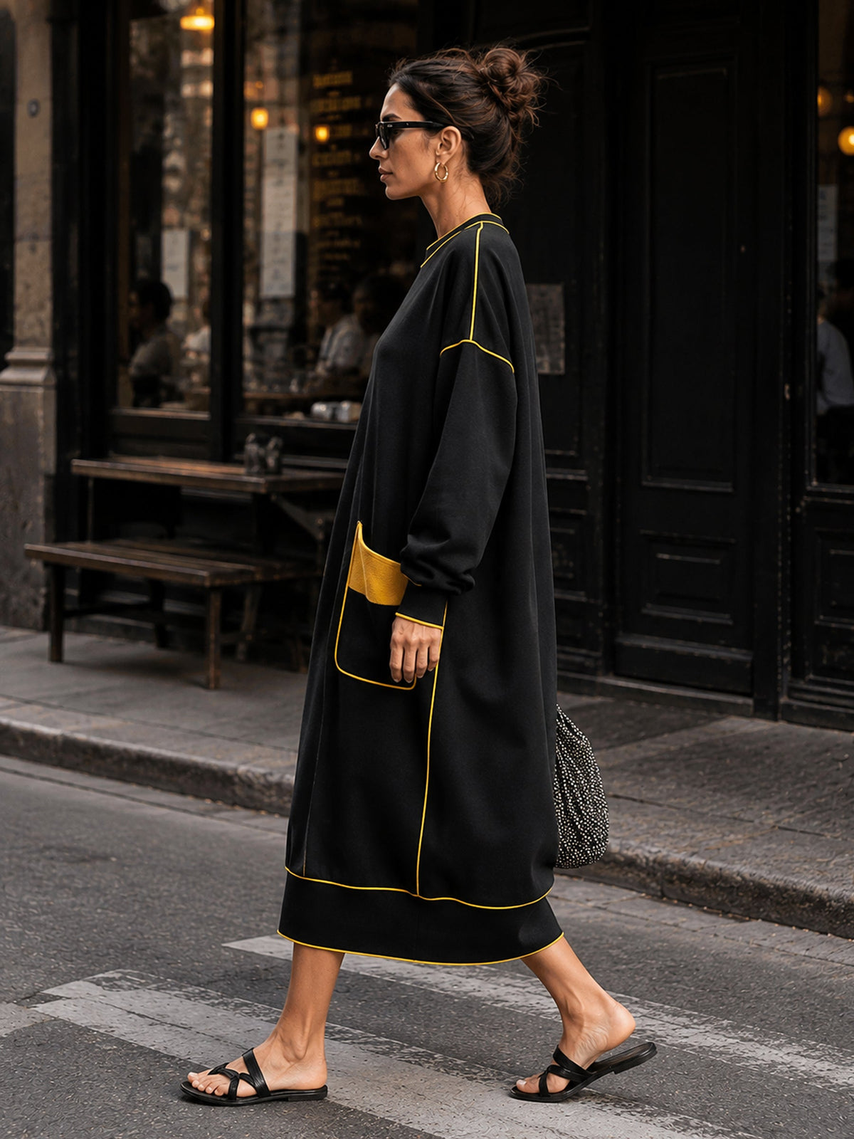 Women's Oversized Black Midi Dress With Contrast Yellow Piping & Statement Pockets