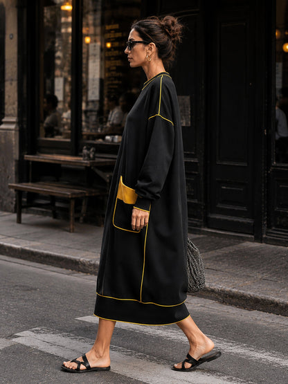 Women's Oversized Black Midi Dress With Contrast Yellow Piping & Statement Pockets