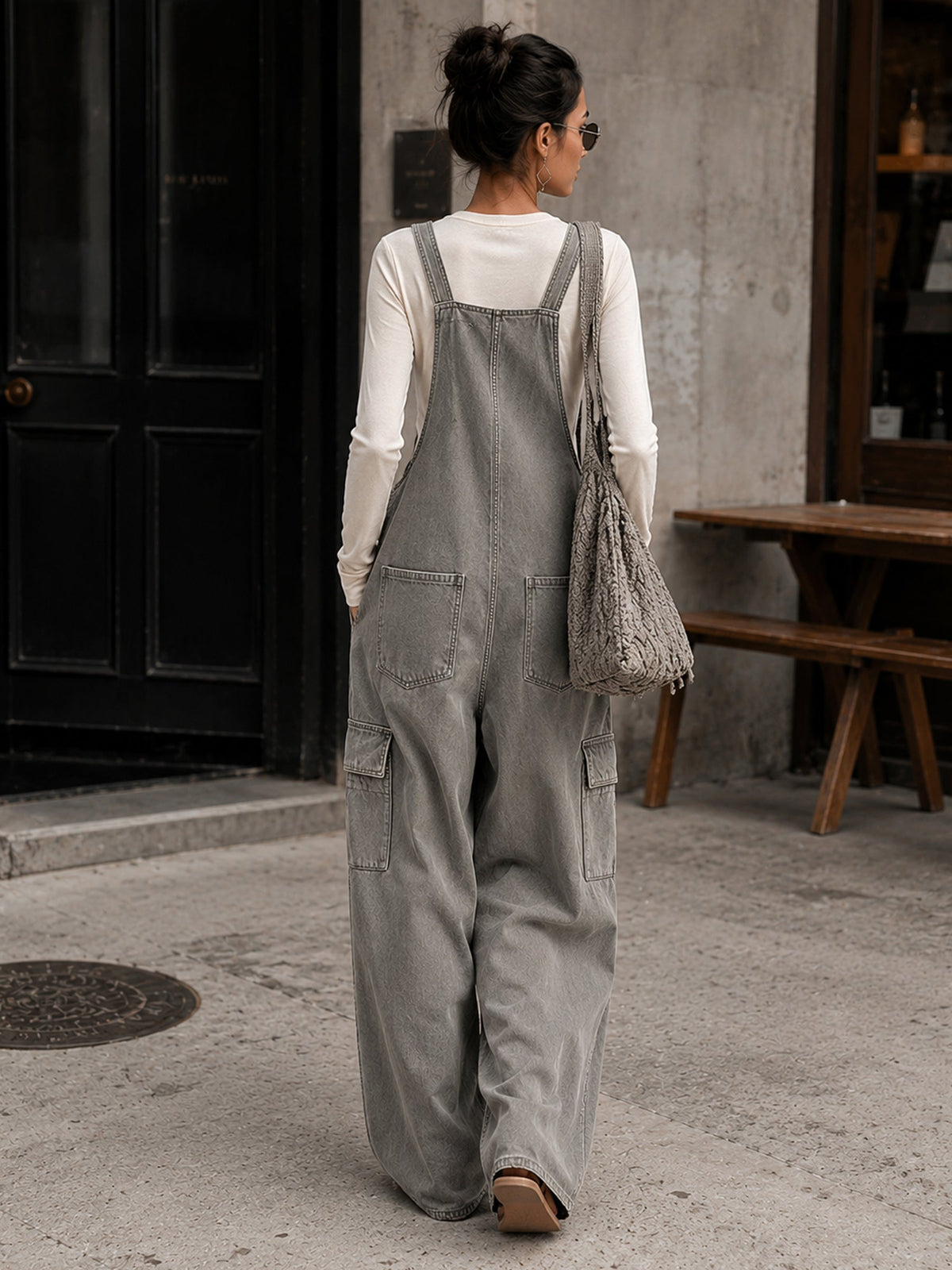 Women's Washed Gray Utility Overalls – Wide Leg Cargo Bib Jumpsuit