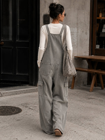 Women's Washed Gray Utility Overalls – Wide Leg Cargo Bib Jumpsuit