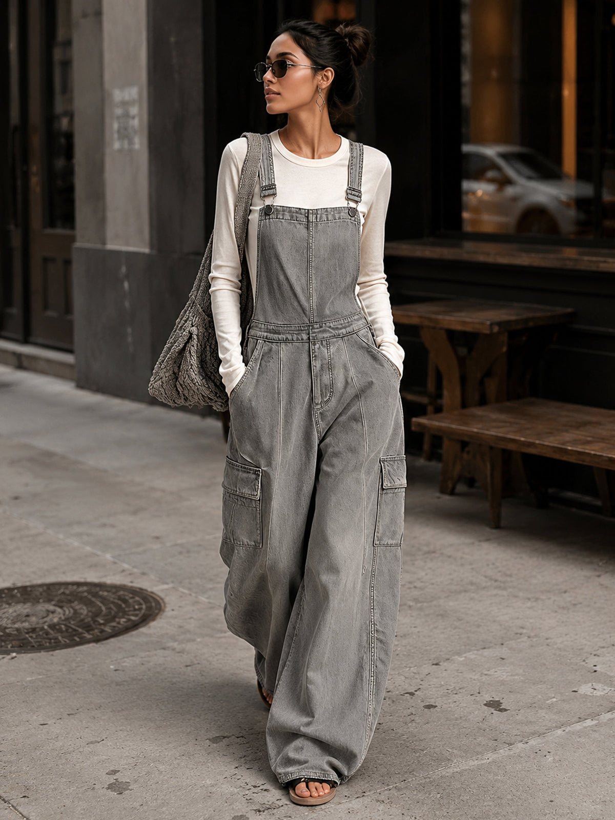 Women's Washed Gray Utility Overalls – Wide Leg Cargo Bib Jumpsuit