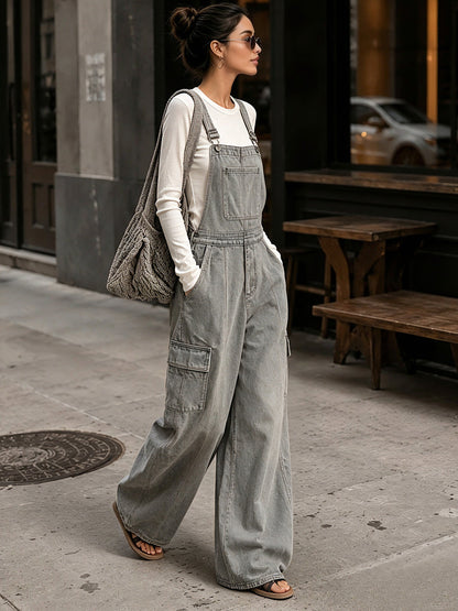 Women's Washed Gray Utility Overalls – Wide Leg Cargo Bib Jumpsuit