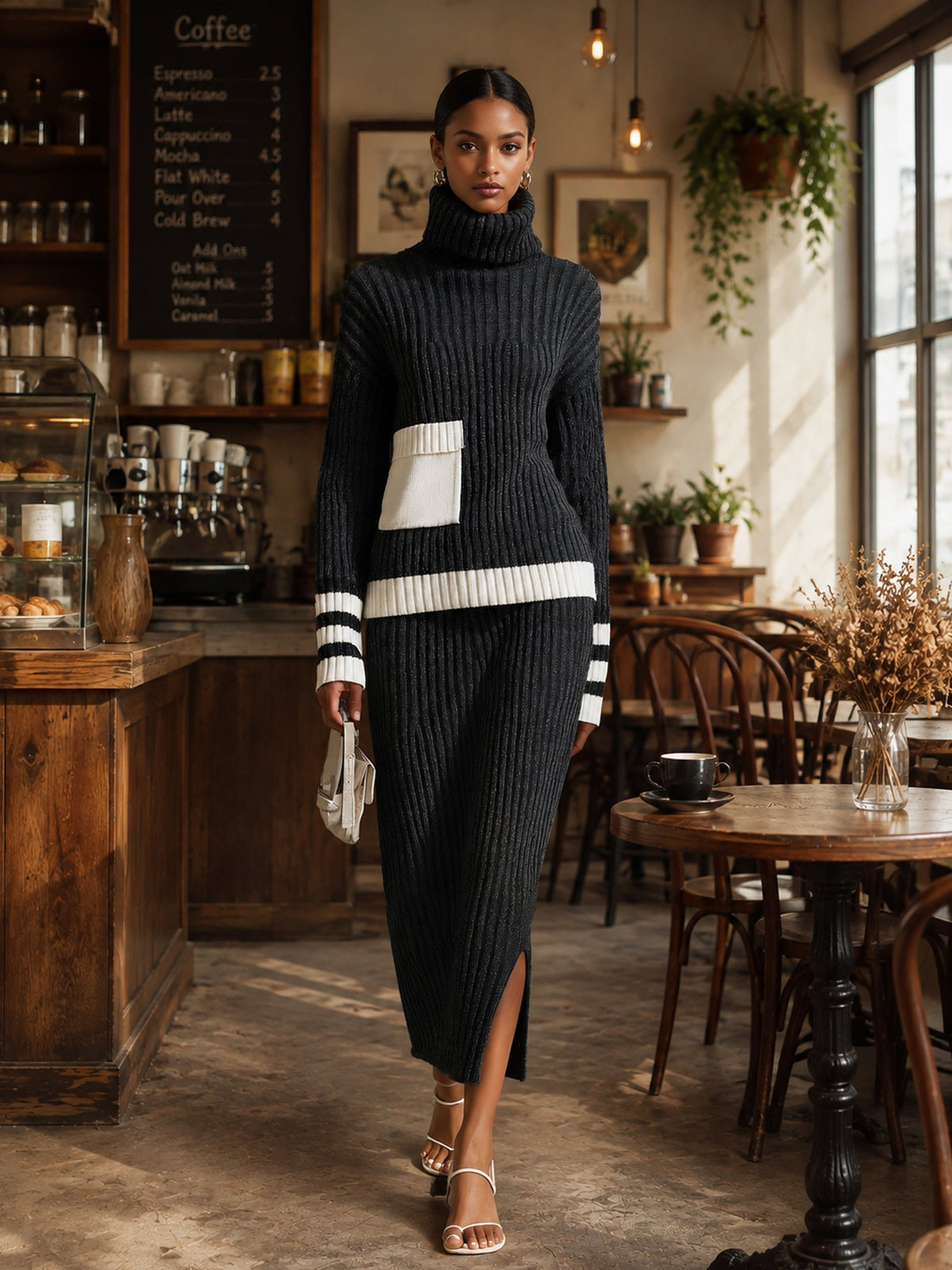 Women's Black & Cream Ribbed Knit 2-Piece Set – Turtleneck Sweater & Midi Skirt