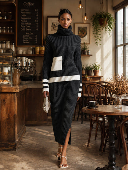 Women's Black & Cream Ribbed Knit 2-Piece Set – Turtleneck Sweater & Midi Skirt
