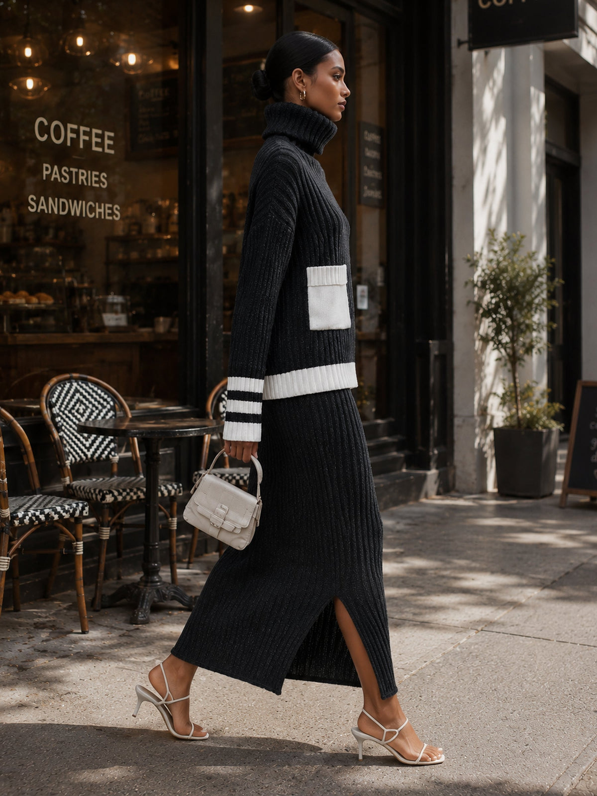 Women's Black & Cream Ribbed Knit 2-Piece Set – Turtleneck Sweater & Midi Skirt