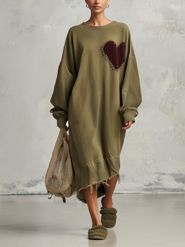 Green oversized heart patch sweatshirt midi dress