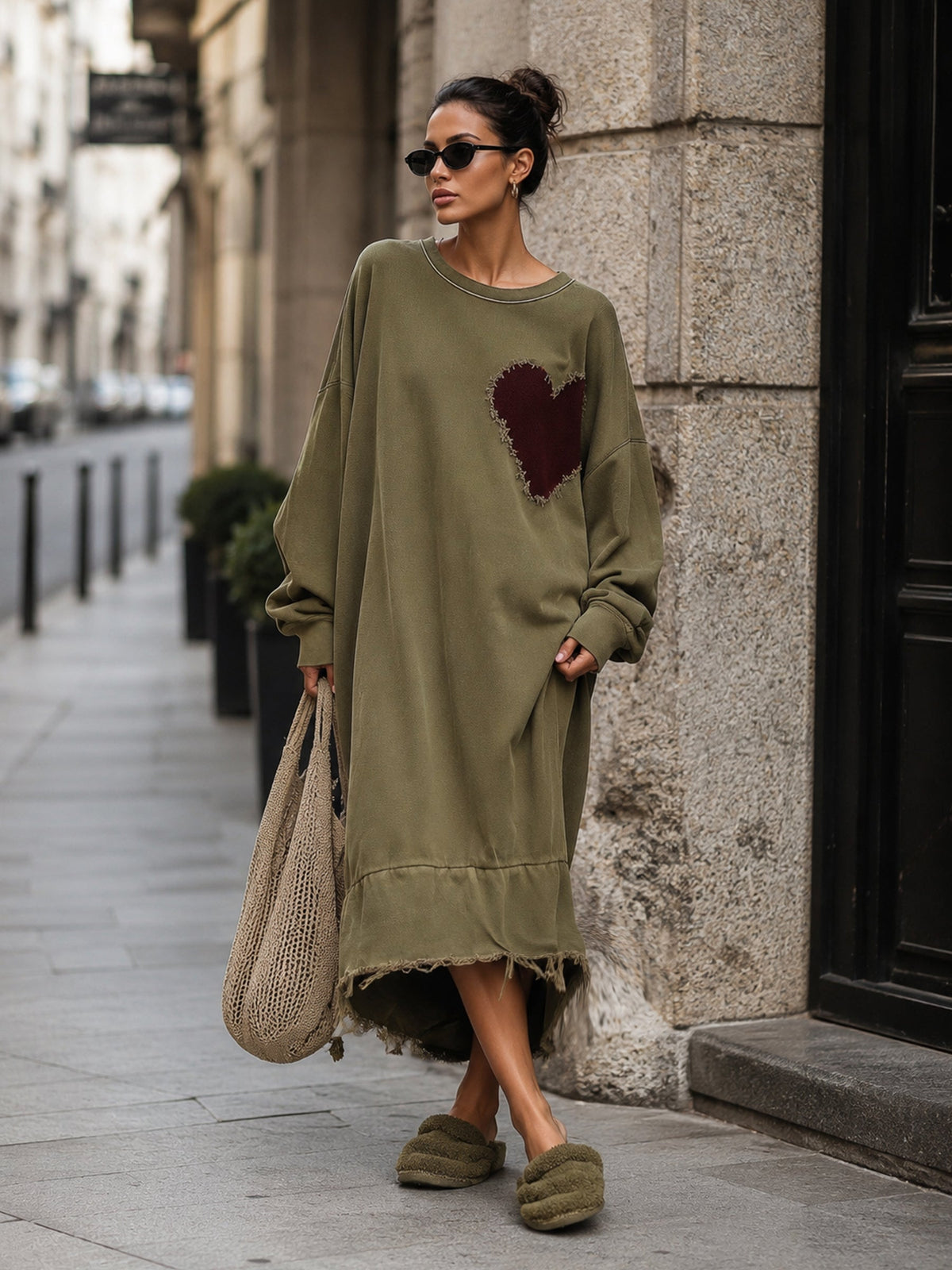Oversized heart patch sweatshirt midi dress detail