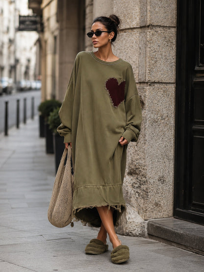 Oversized heart patch sweatshirt midi dress detail