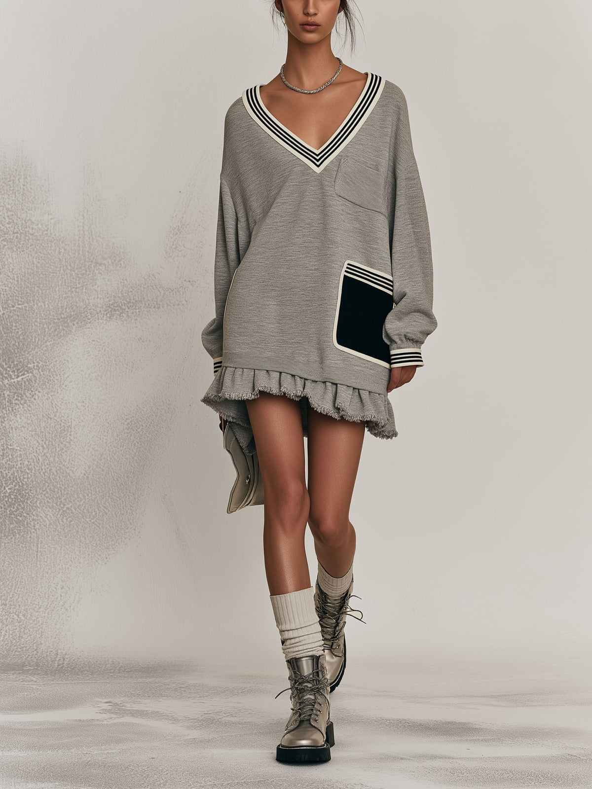 Contrast Pocket Ruffle Raw Hem Mini Dress