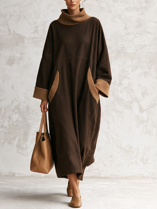 Color-Block Rib Trim Cotton Woven Maxi Dress