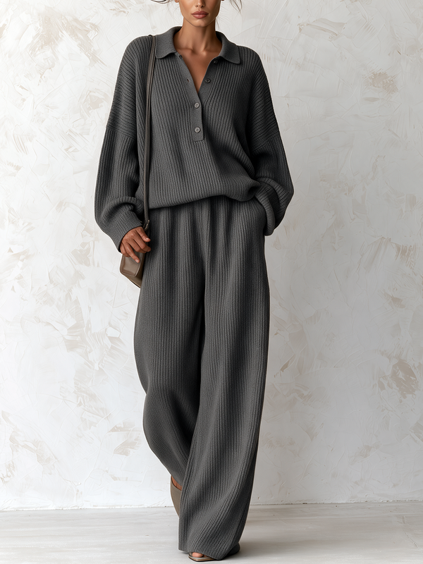 Oversized Rib-Knit Polo Two-Piece Set