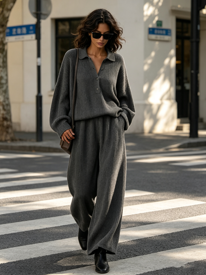 Oversized Rib-Knit Polo Two-Piece Set