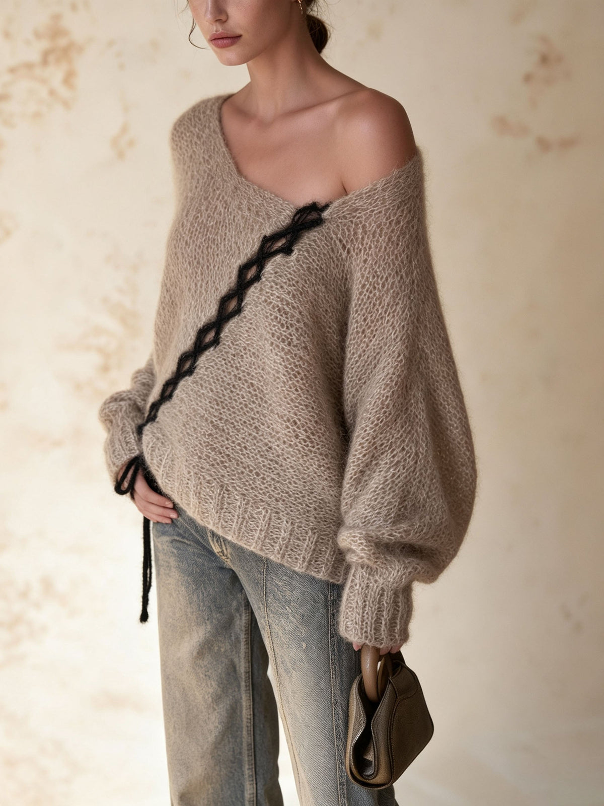 Off-Shoulder Diagonal Lace-Up Mohair Knit Sweater
