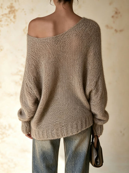 Off-Shoulder Diagonal Lace-Up Mohair Knit Sweater