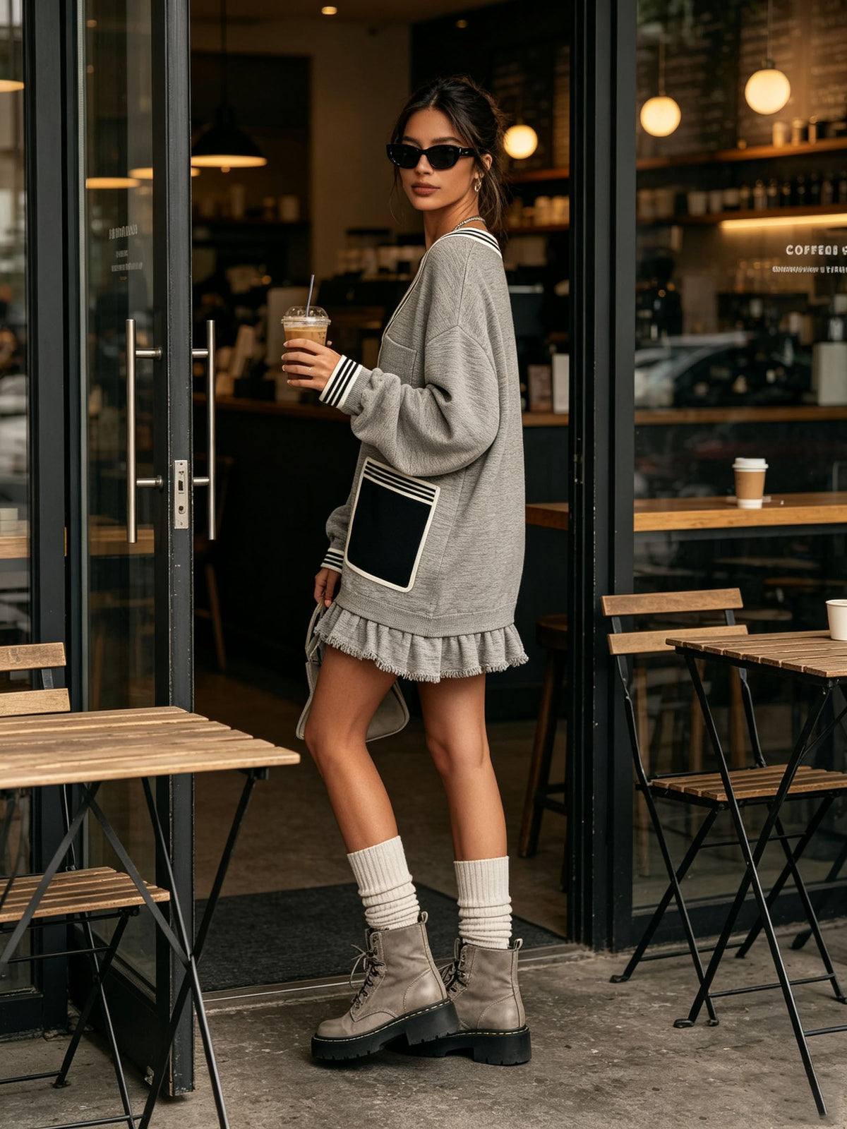 Contrast Pocket Ruffle Raw Hem Mini Dress