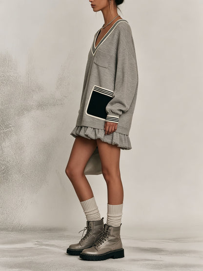 Contrast Pocket Ruffle Raw Hem Mini Dress