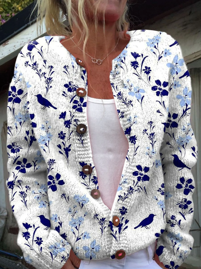 Vynora Vintage Floral Bird Print Button-Front Cardigan Sweater
