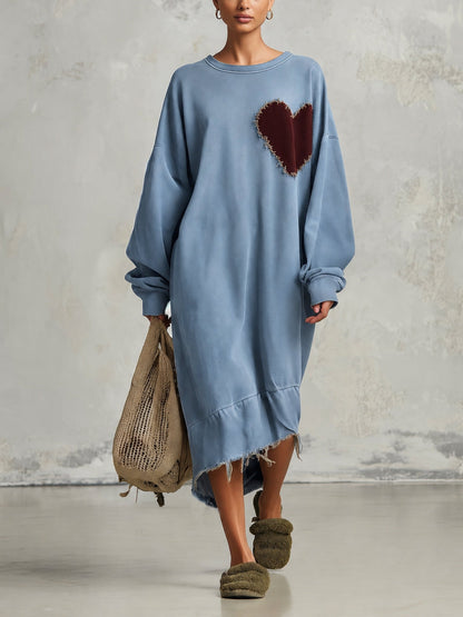 Blue oversized heart patch sweatshirt midi dress