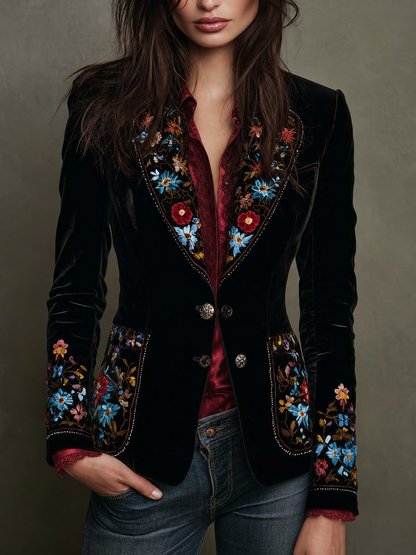 Velvet Blazer With Colorful Floral Embroidery