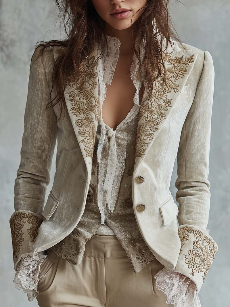 Ivory velvet embroidered blazer with lace cuffs