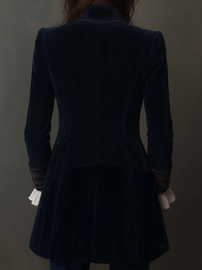 Vintage Navy Polyester Velvet Embroidered Long Jacket