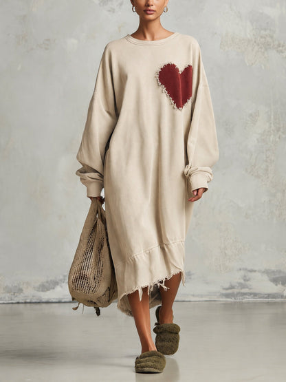 Beige oversized heart patch sweatshirt midi dress