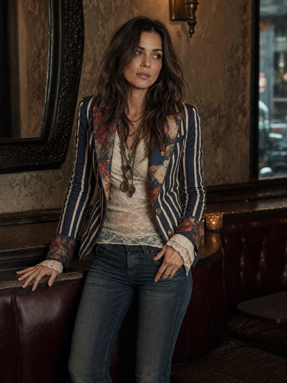 Bohemian Floral Print Cotton And Linen Striped Blazer