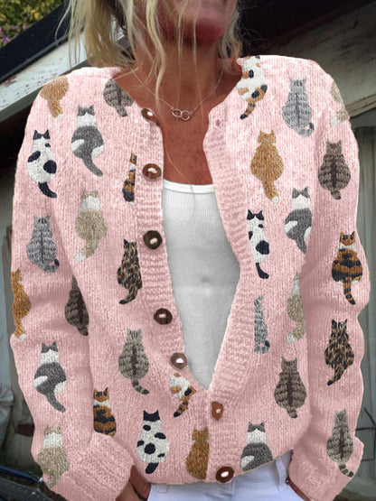 Charlotte Cozy Cat Print Cardigan Pink