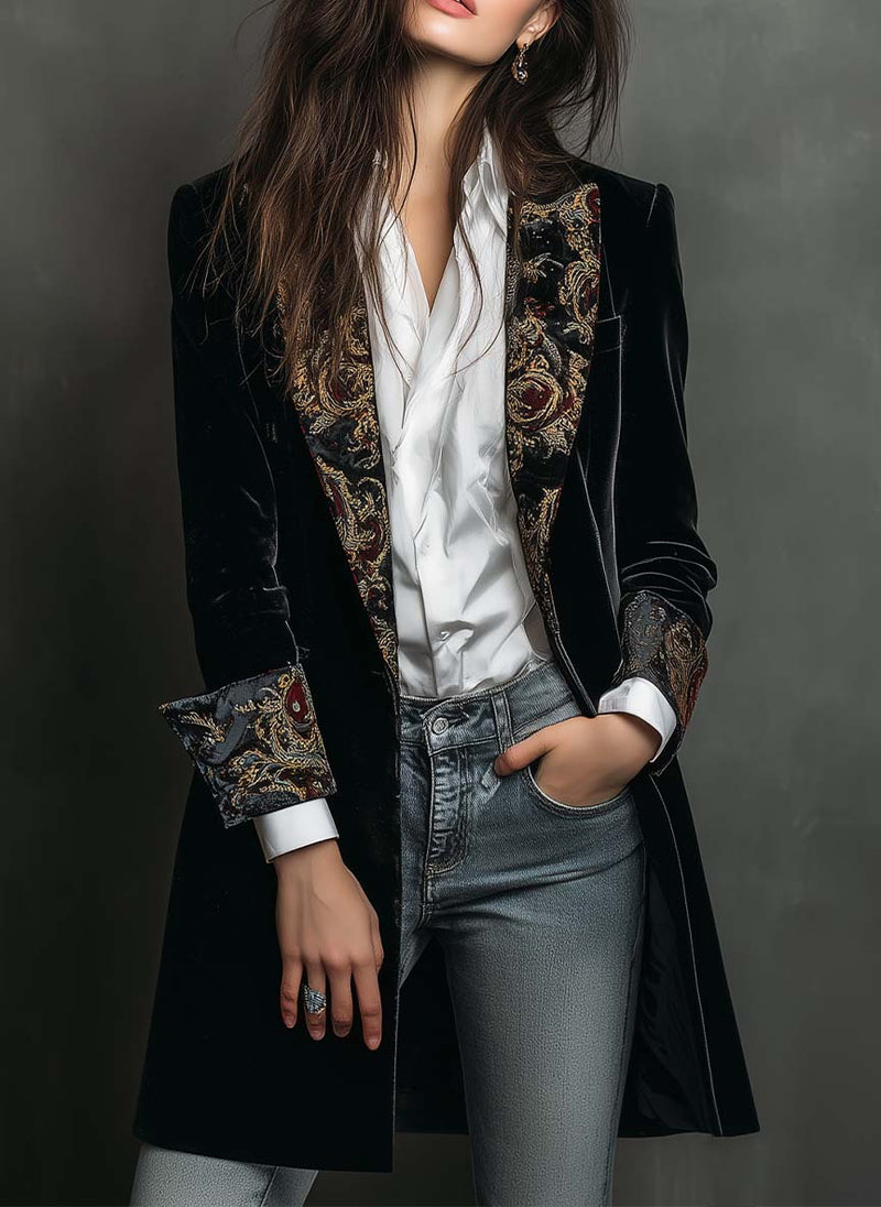 Black velvet blazer with baroque printed lapel