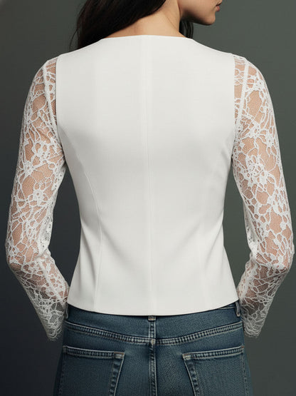 Elegant Black Lace Panel Sleeve Blazer Top