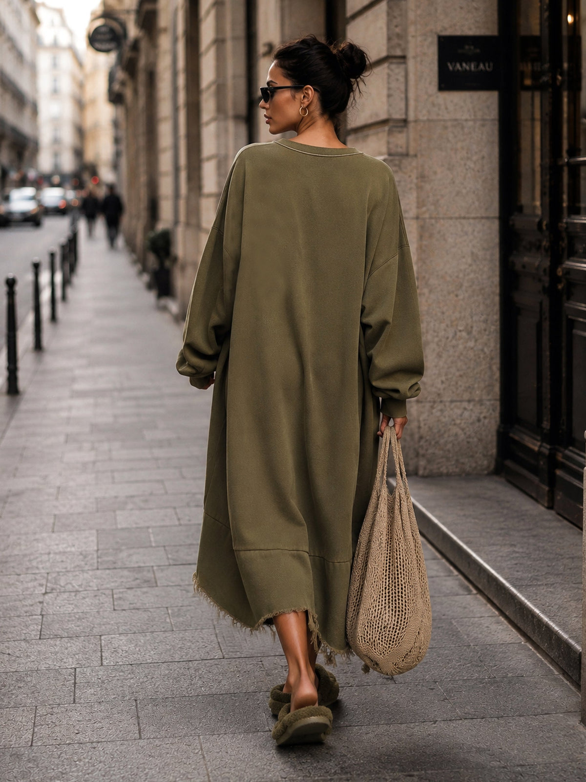 Oversized heart patch sweatshirt midi dress styling