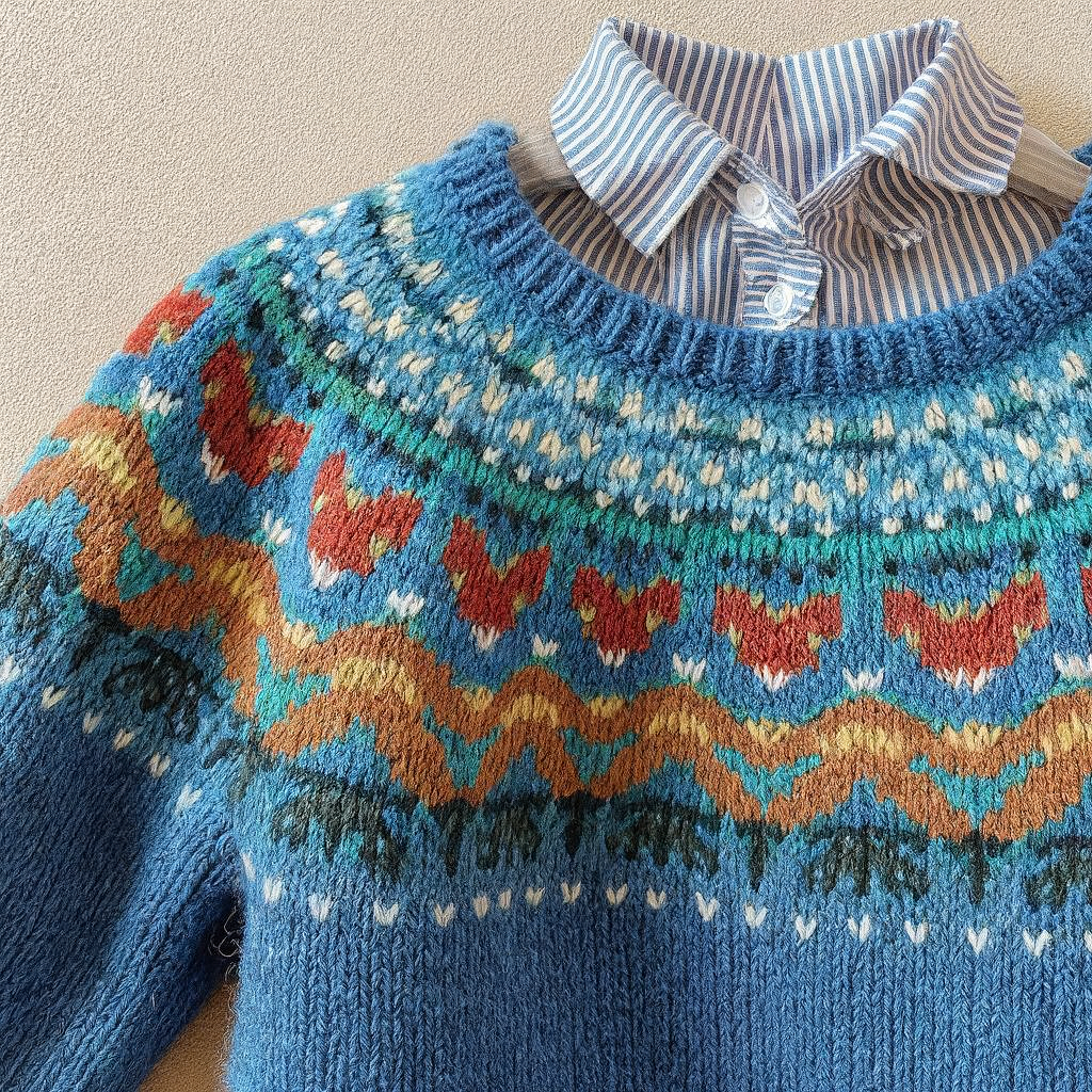Blue Fair Isle knit jumper detail