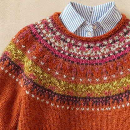 Red Fair Isle knit jumper detail