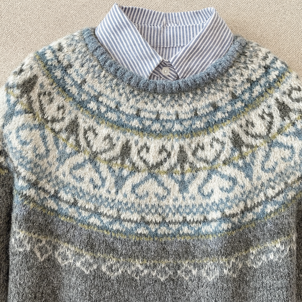 Grey Fair Isle knit jumper detail