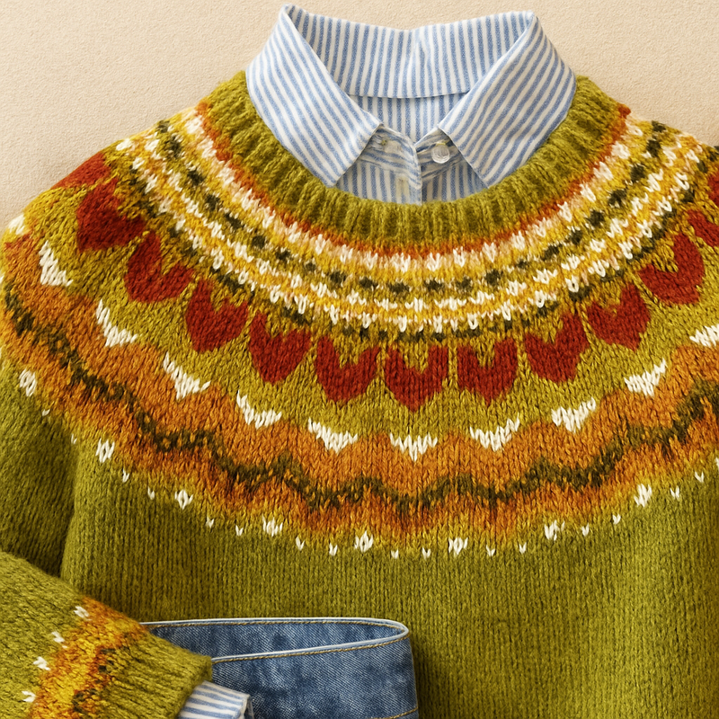 Green Fair Isle knit jumper detail