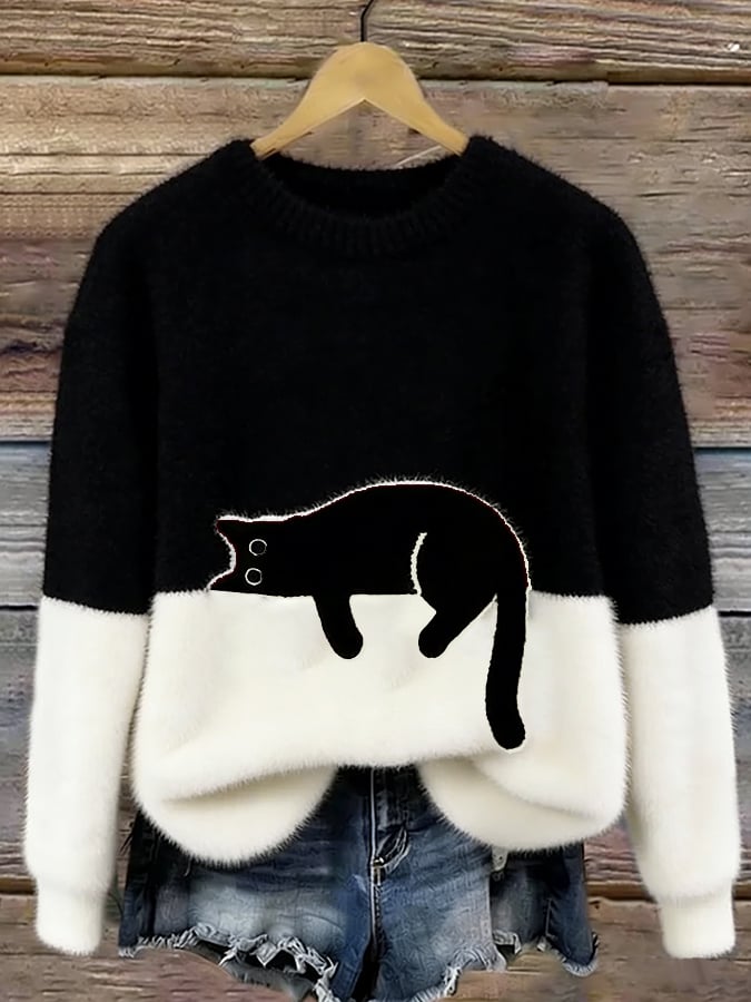 Cat Print Oversized Sweater - Black