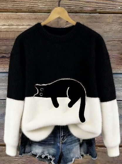 Cat Print Oversized Sweater - Black